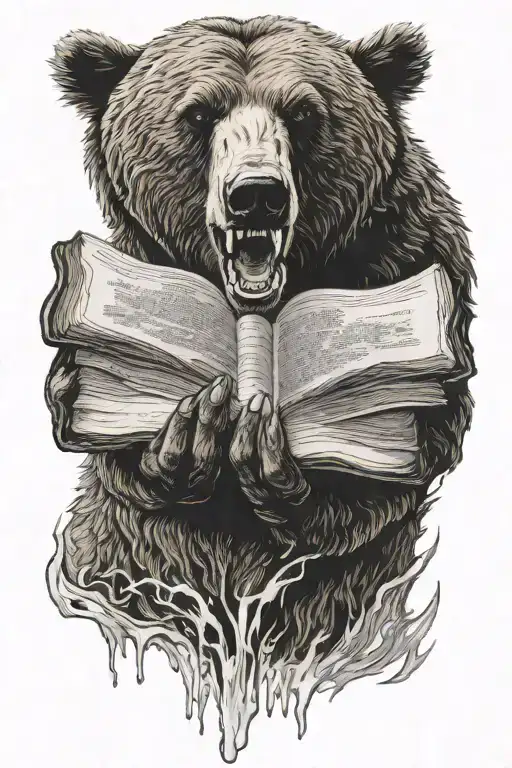 Grizzly Bear Growling Standing Over A Bible Ready To Fight