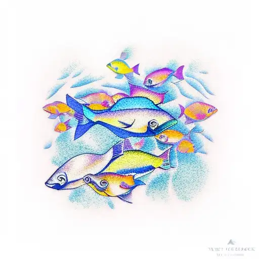 A School Of Colorful Fish Swimming In A Dotwork Ocean