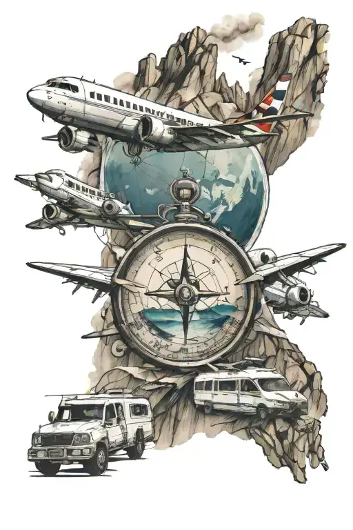 Plane Flying In Mountins With A Sea An A Motorhome On A Street An A Compass