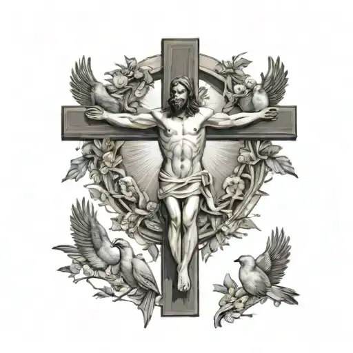 Jesus Christ On The Cross With 3 Birds