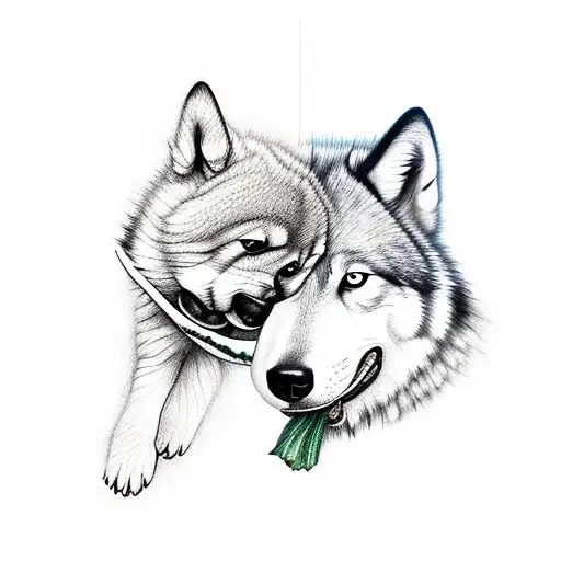 Puppy Wolf Sitting With A Nana In Its Mouth