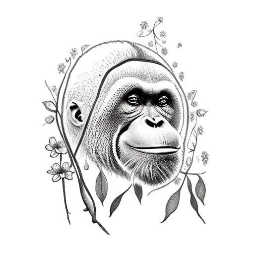 Orangutan Hanging In A Forest Holding Forget Me Not Flowers