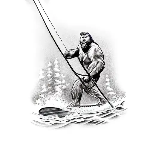 Bigfoot On A Water Ski Holding A Slalom Ski Rope