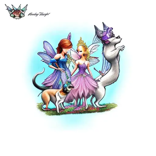 4 Fairy Dogs Dancing With A King Fairy Cat In A Garden