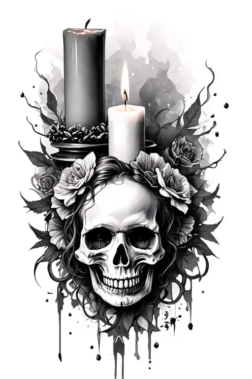 Dark Art Female Candle Skull Ruff Background Pensil Art Horror Style Arm Tattoo Black And Grey