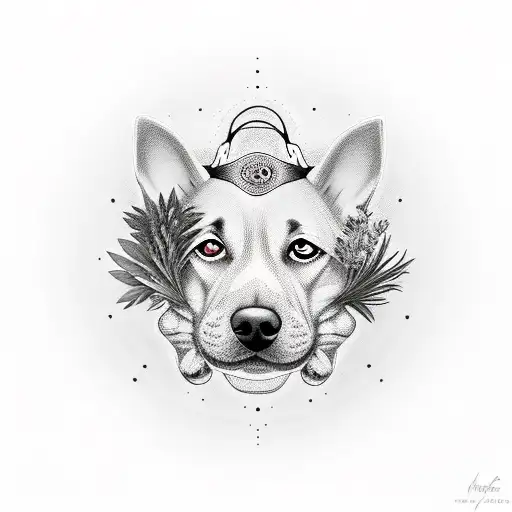 Dog Face In A Circle With Herbs Around It