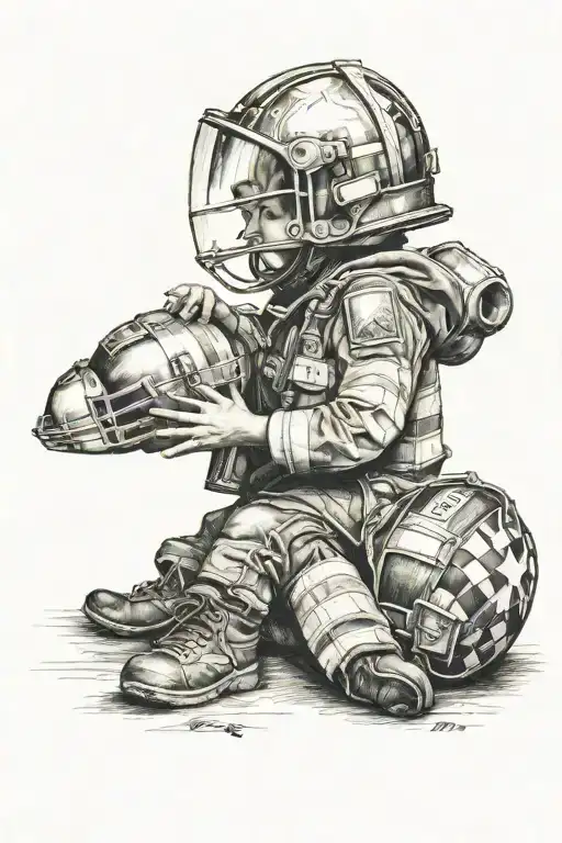 A Child Trades A Firefighter A Football For His Helmet