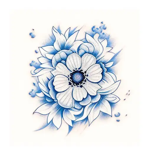 A Tattoo Of Dark Blue Clouds Covered In White Flowers