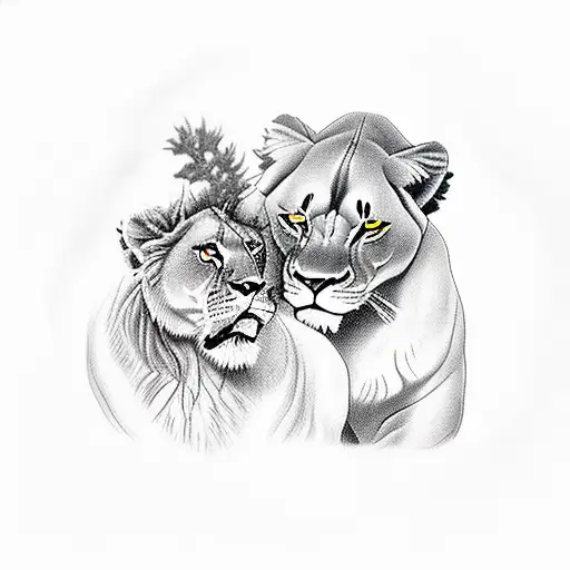 Lioness Standing Over A Beautiful Young Woman With Big Green Eye's And Dark Curly Hair