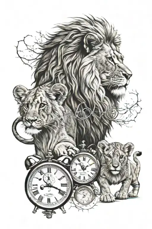 Lion And 2 Cubs With 2 Clocks