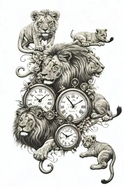 Lion And Two Cubs With Two Clocks And Baby Foot Prints
