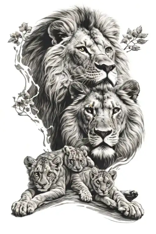 Lion And Two Cubs With Baby Foot Prints