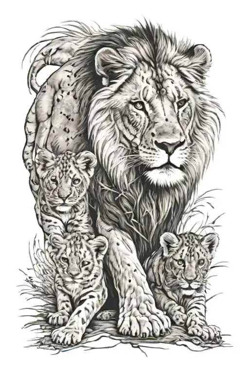 Lion And Two Cubs With Baby Foot Prints Slowly Fading