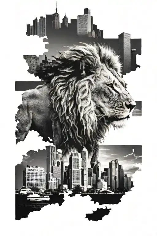 Lion Walking Among Skyscrapers Looking Ahead