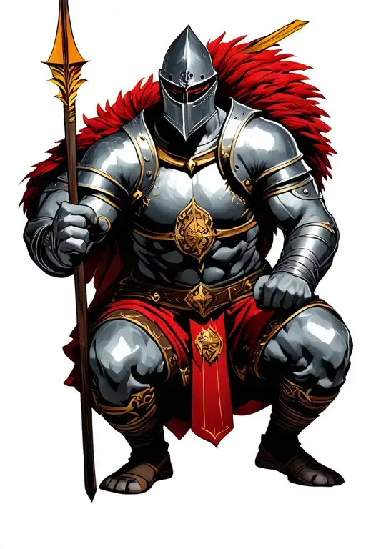 A Knight Doing A Squat With A Lot Of Weight And Has An Arrow Stuck In His Chest