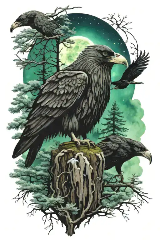 Odin With Ravens And Pine Trees With Northern Lights