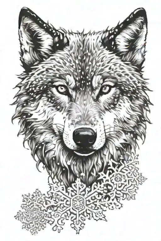 Wolf Head Looking Straight Ahead With Large Snowflakes