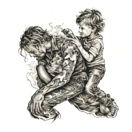 Mother Protecting Son From Burning World Map Made