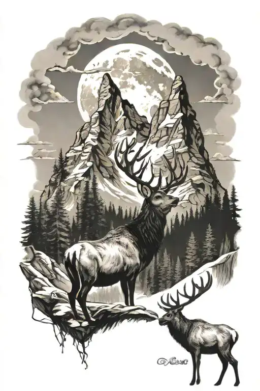 Elk With Antlers Wolf Howling Mountains