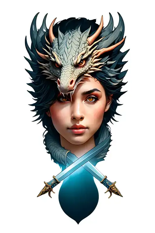 Woman Face With Dragon Wrapped And Swords