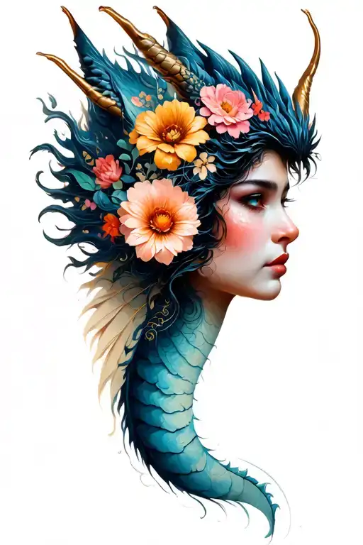 Half Dragon Half Woman With Flowers