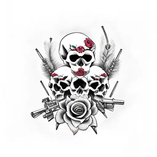 Skull With Roses And Guns And Smoke And Feathers