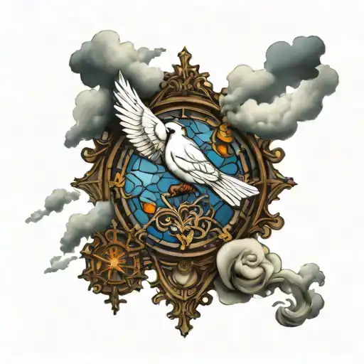 Baroque Gothic Stained Glass A Dove Cross Message In The Background With Clouds