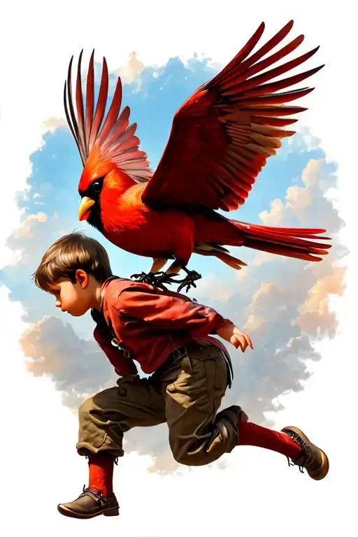 Cardinal Flying And Guiding Young Boy