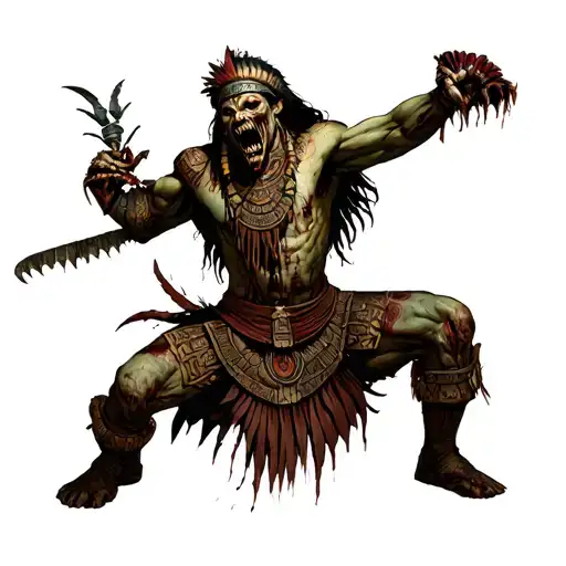 An Aztec Underworld Protector Battling Zombies