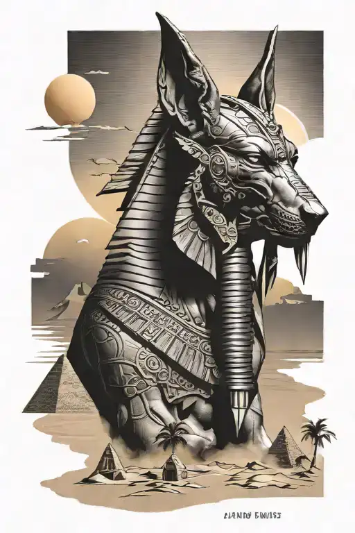 Anubis God Behind Pyramids With The Sun Setting And Wind Blowing Sand