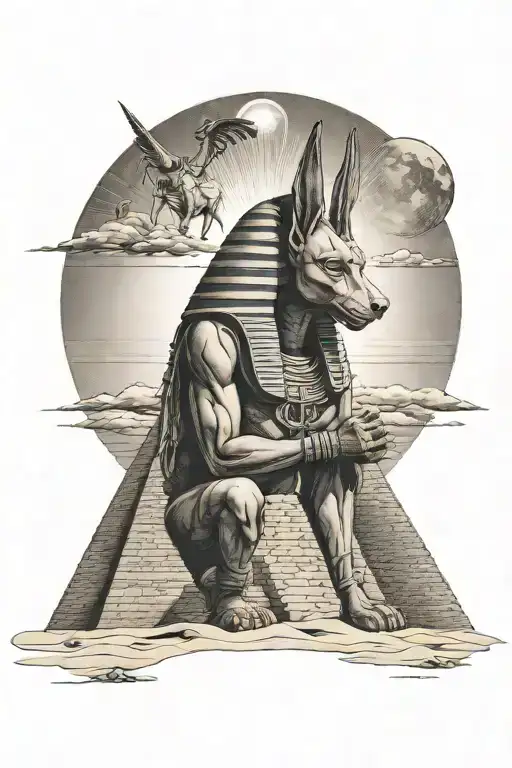 Anubis God Behind The Pyramids With The Sun Setting In The Background And Wind Blowing The Sand
