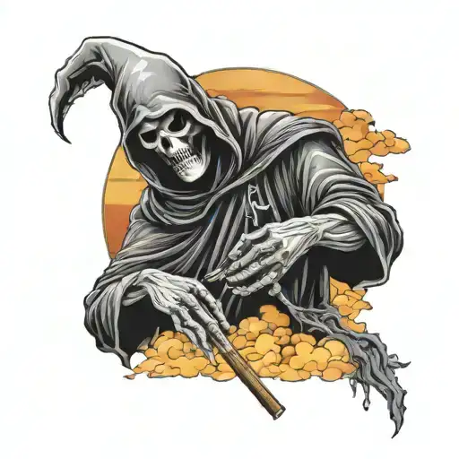 Grim Reaper Smoking From Bong On Sunset Sky