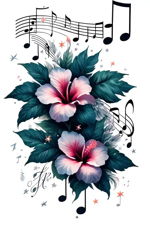 Music Notes Stars And Hibiscus Flowers