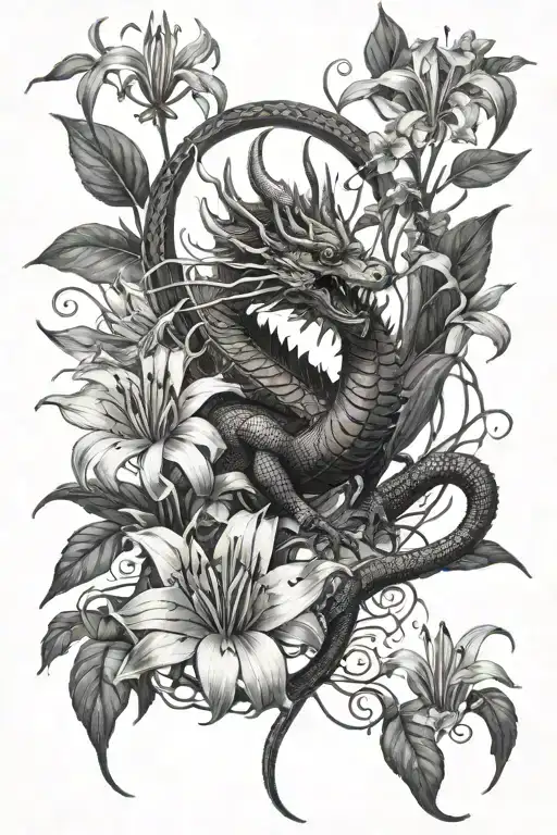 Red Dragon Around Red Spider Lily Flowers