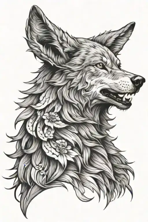 Woman Wearing Wolf Head Profile Holding