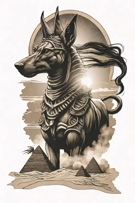 God Anubis Above The Pyramids With The Sun Setting In The Background While The Wind Blows Sand