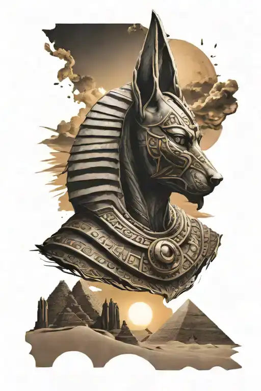 God Anubis Head Above The Pyramids With The Sun Setting In The Background While The Wind Blows Sand