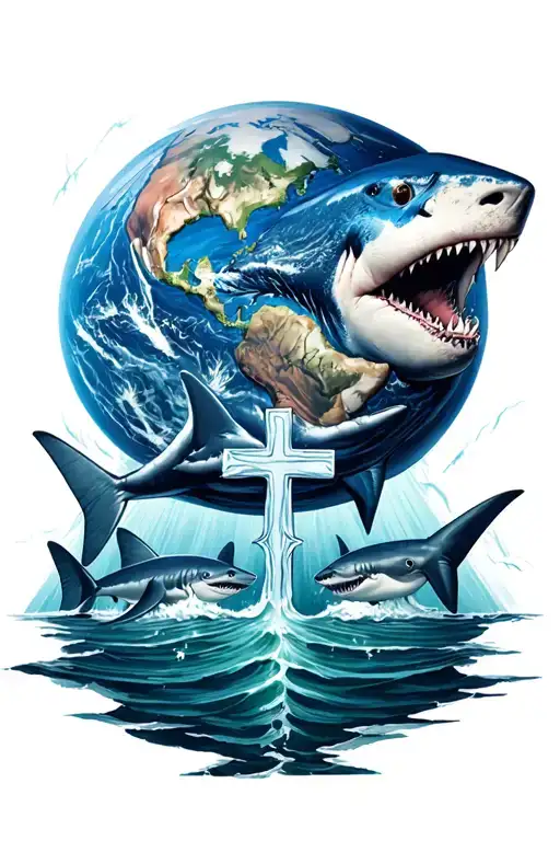 Atlas Holding Earth Semi Colon Sharks And Water At Base Of Atlas Three Crosses