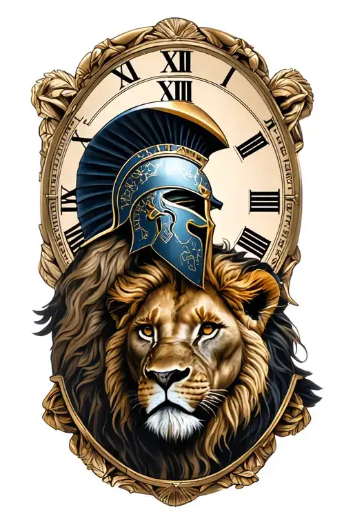 Spartan With A Lion And A Lioness And A Watch In Roman Numerals In The Background