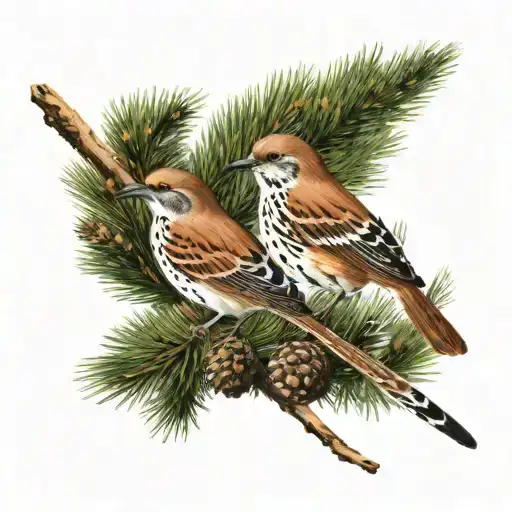 Brown Thrasher And Scissor-tailed Fly Catcher Perched Together On A Pine Tree Branch