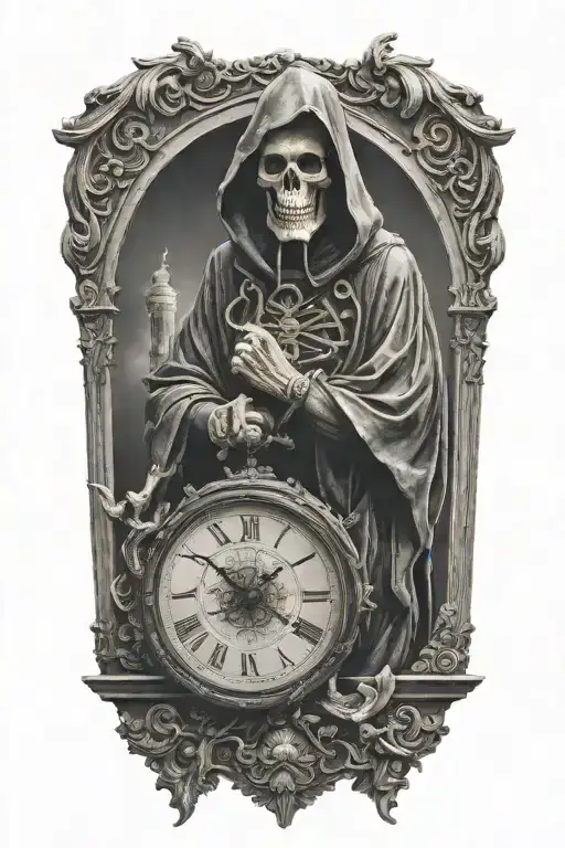 The Statue Of The Death Reaper In A Hoodie Points To An Antique Clock