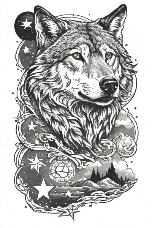 Wolf And Star Filled Sky