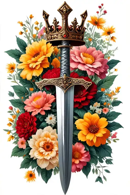 Swords Crown Hanging With Garden Of Flowers Background