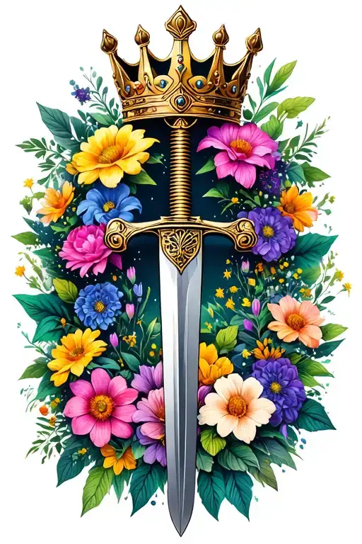 Swords Crown Hanging With Garden Of Flowers Background
