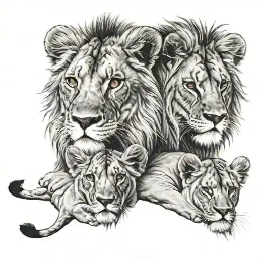 2Mother Lion And 2 Baby Lion With Scars