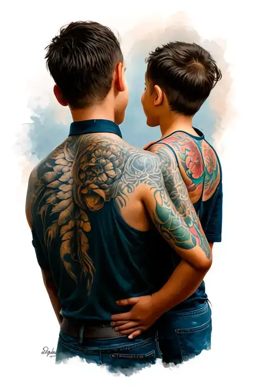Father And Son Back View