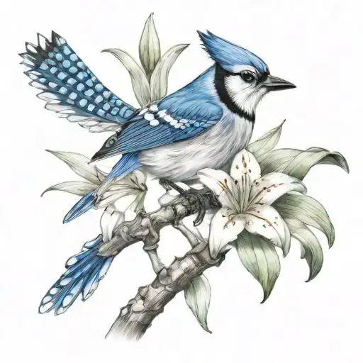 Blue Jay And Star Lily Flower