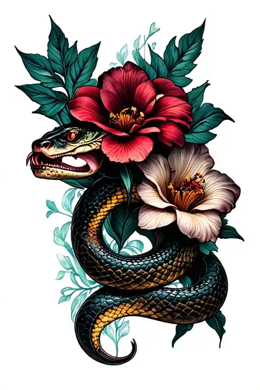 Gothic Inspired Tattoo Featuring Snake Flowers