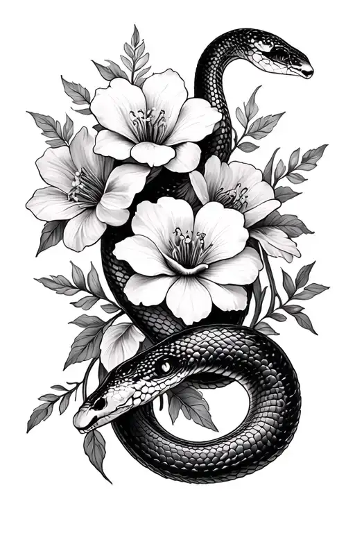 Black And White Gothic Inspired Tattoo Featuring Delicate Snake Cottage Flowers