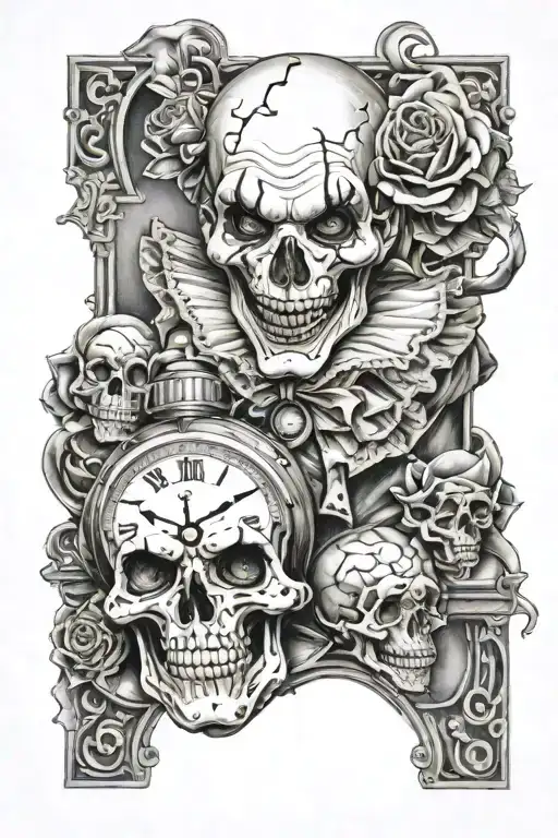 Clown And Skull With Time Piece Incorporating Elements